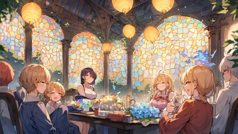 Stunning anime illustration of a woman indoors with a perfectly clean vast pure void in the background, featuring extreme depth of field and subtle hints of a table and glasses. Suitable for desktop/pc.