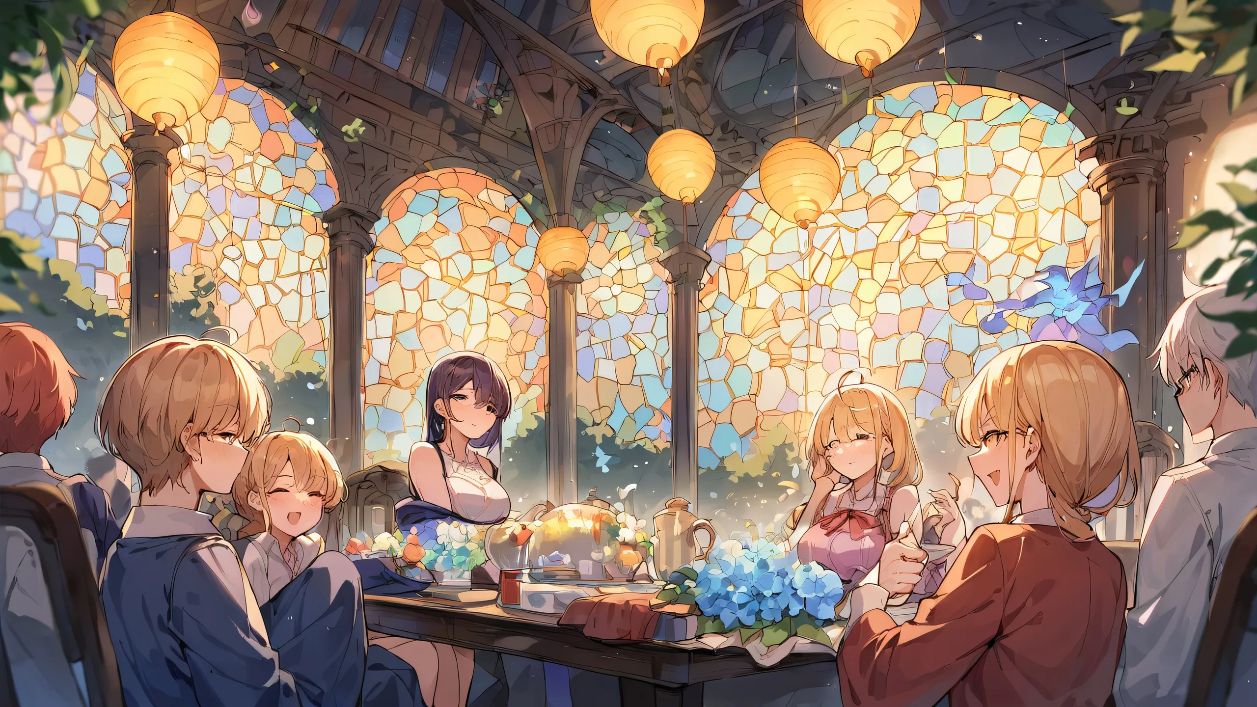 Stunning anime illustration of a woman indoors with a perfectly clean vast pure void in the background, featuring extreme depth of field and subtle hints of a table and glasses. Suitable for desktop/pc.