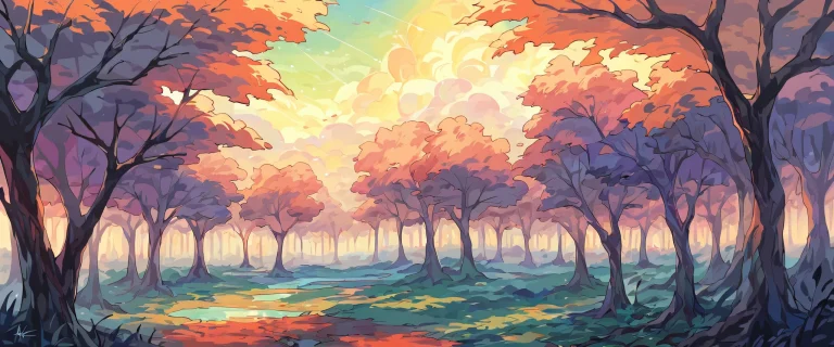 A serene anime illustration of women in a vast, 純粋な虚空, surrounded by trees on a bright and airy day. デスクトップ/PCに最適.