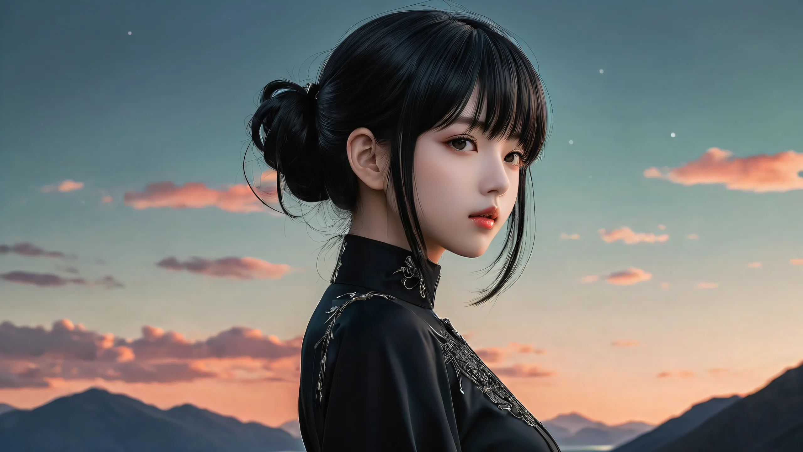 Anime girl in a serene void surrounded by a subtle green sky on a desktop or PC.