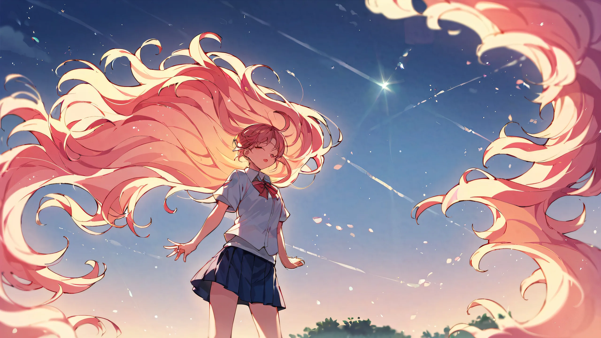 A beautifully illustrated anime schoolgirl sitting on a vast pure void background with soft pastel blues, creamy whites, and warm beige hues, perfectly capturing the sunlit atmosphere with subtle shadows.