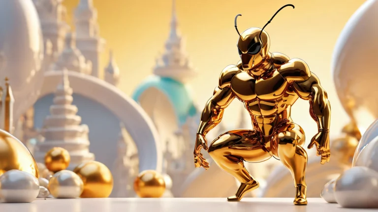 A desktop wallpaper of Ant Bodybuilder in a vast, pure void with an extreme depth of field, miniature gym setup, and radiant brilliant colors.