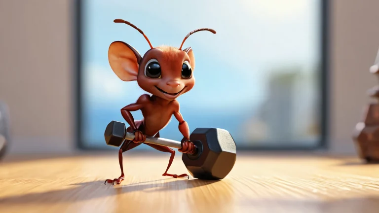 Ant lifting dumbbell on a pure void desktop/PC background with miniature gym setting, for visually impaired users.