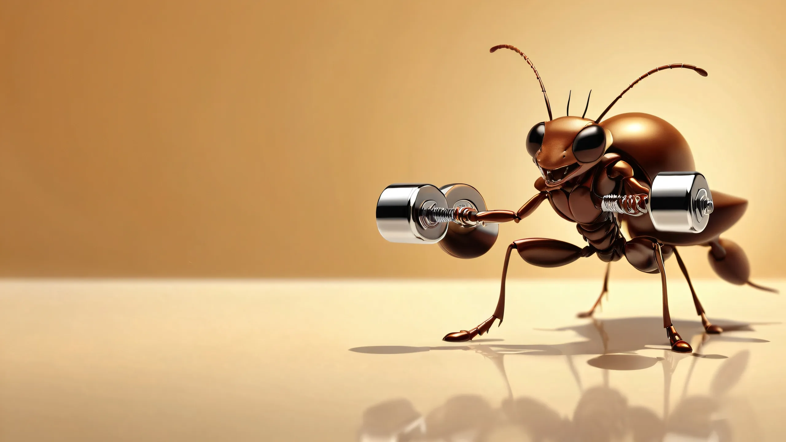 Ant lifting dumbbell on a pristine pure void background for Desktop/PC