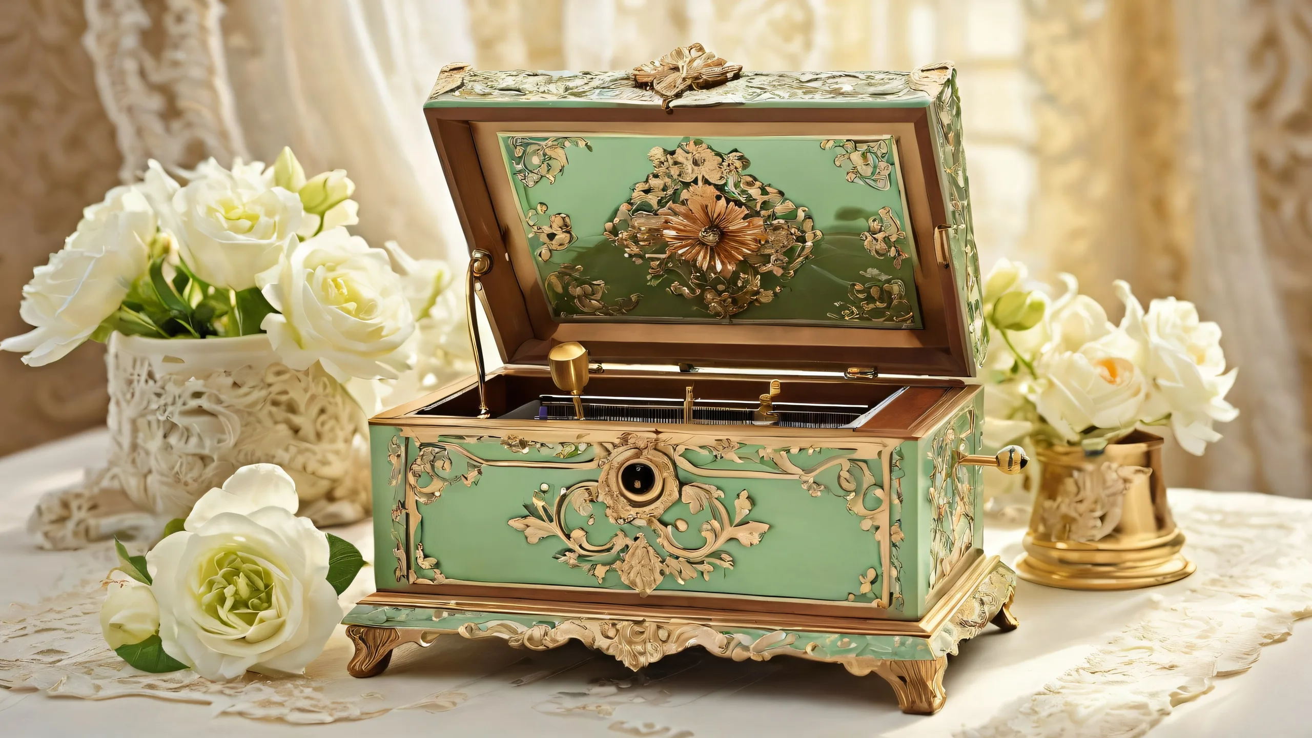 A serene desktop scene featuring an antique music box in a vast, pure void with decaying and blooming elements, perfect for your Desktop/PC.