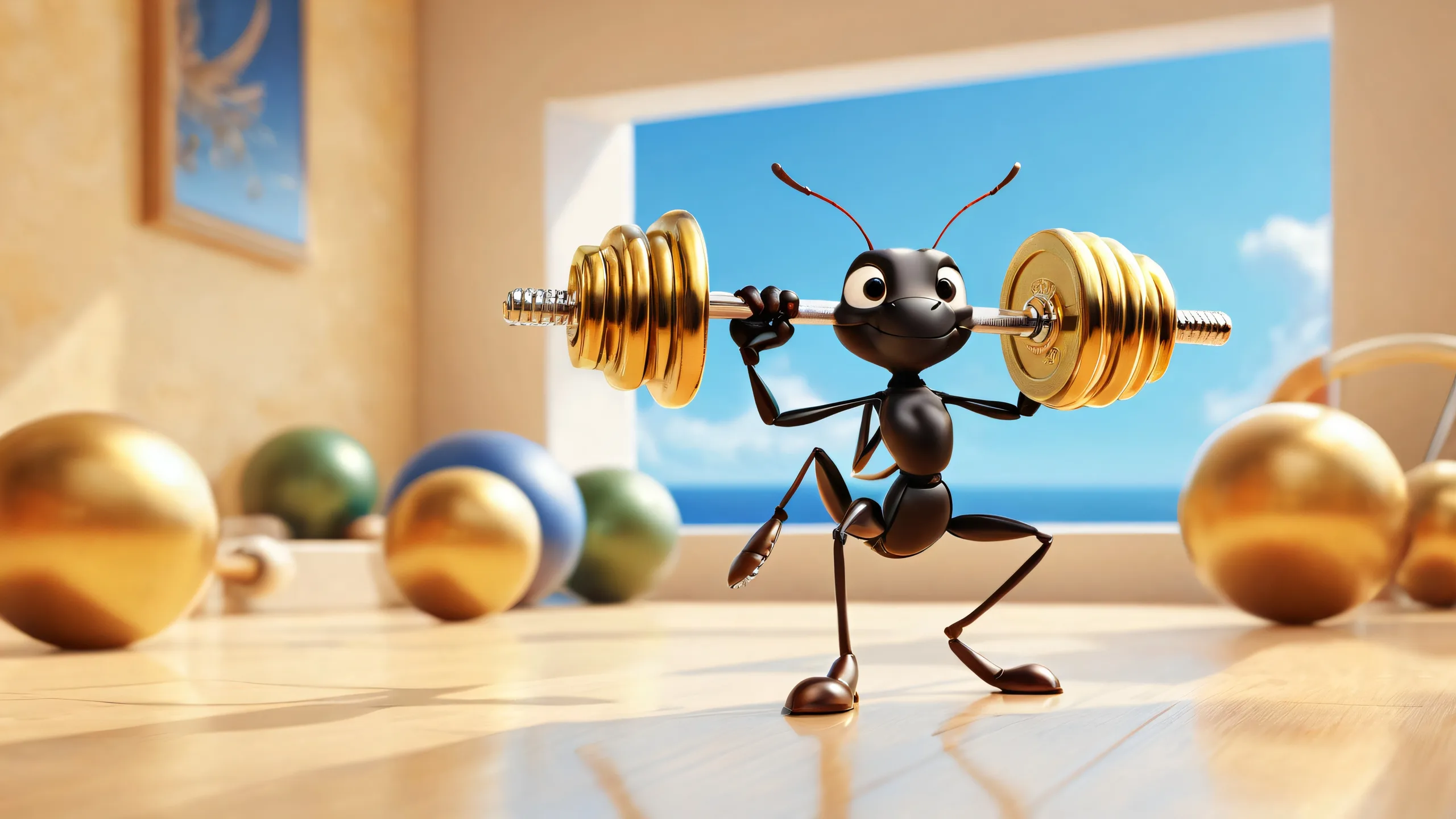 A desktop wallpaper of an ant lifting a dumbbell on a pure void background with a miniature gym and details, suitable for a Desktop/PC.