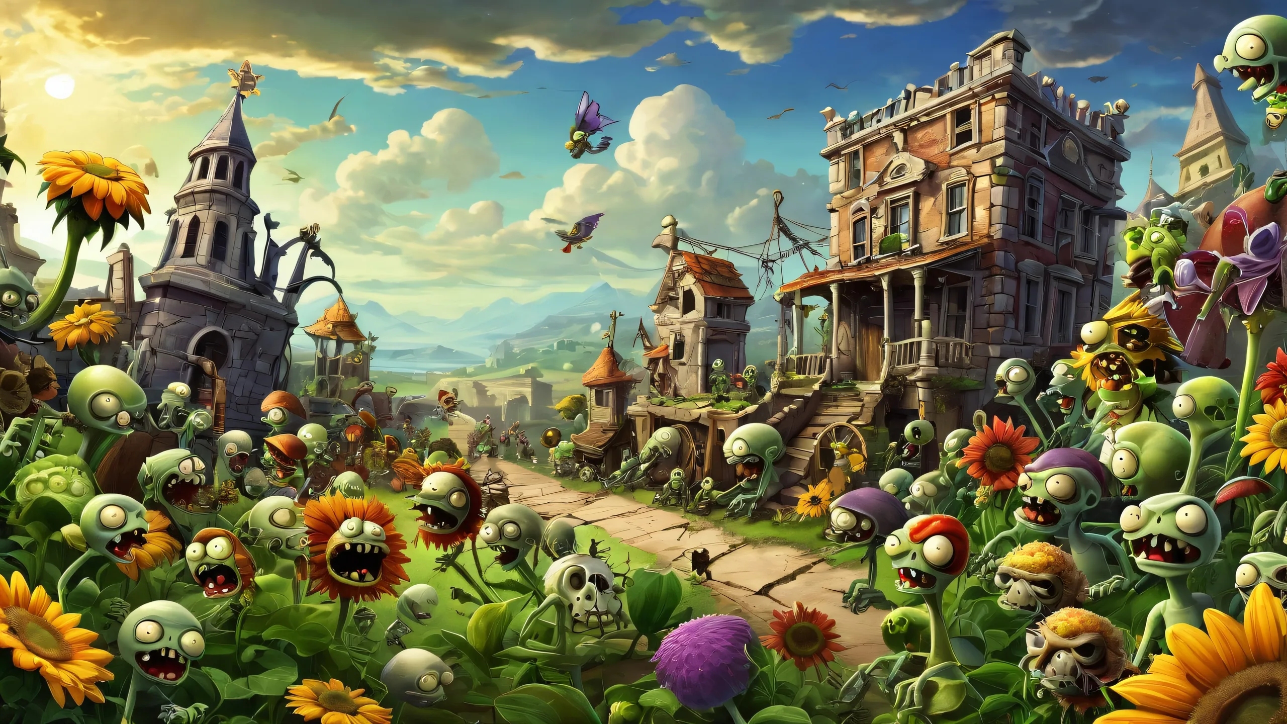 Abandoned post-apocalyptic landscape with lush plants and eerie atmosphere, suitable for Desktop/PC