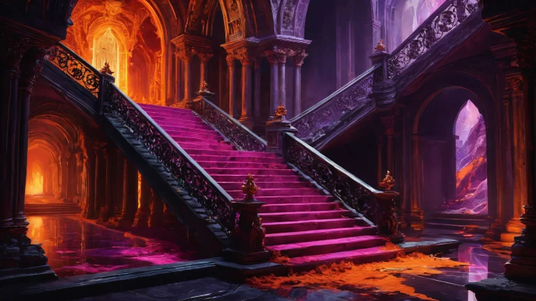 A dramatic desktop scene of a standing Queen amidst a burning chasm and crumbling staircase on a perfectly clean, vast pure void for Desktop/PC.