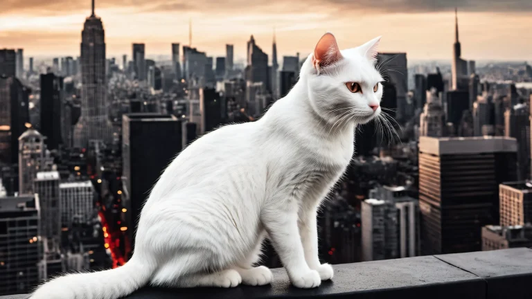 A serene white cat sits amidst the ruins of a destroyed cityscape on a pure void background, accessible for desktop/pc users.
