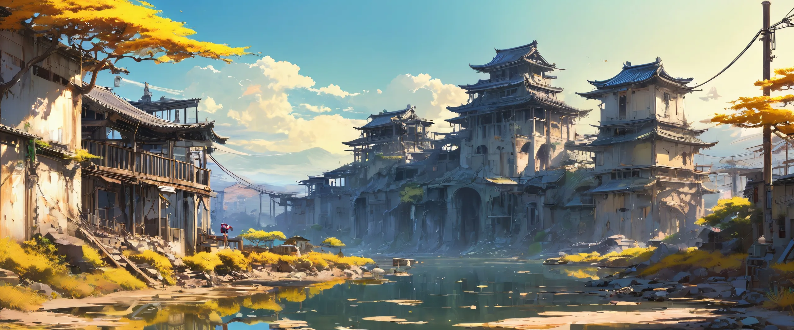 Apocalyptic Oasis Aesthetic PC Wallpaper Anime girls amidst post-apocalyptic ruins on a pure void Desktop/PC background with brilliant colors and ray traced reflections.