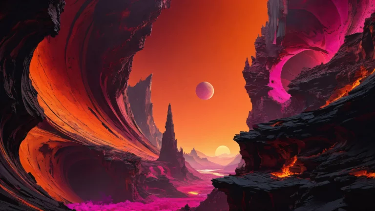 A majestic queen stands in a vast pure void with an apocalyptic chasm burning in the distance on a Desktop/PC.