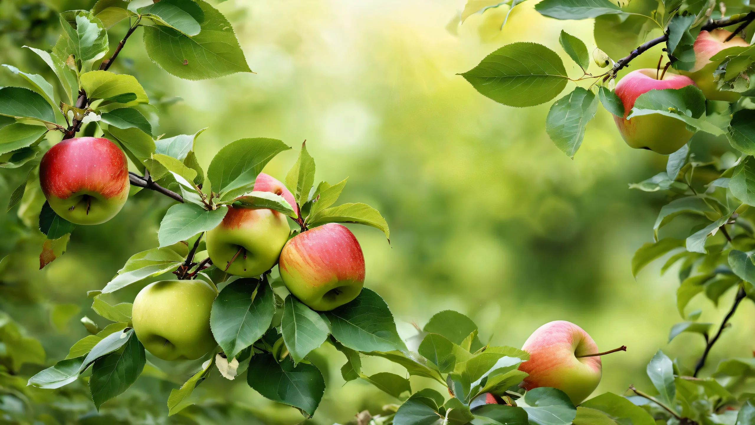 A serene desktop wallpaper featuring apples and leaves in a vast pure void with extreme depth of field, perfect for use on Desktop/PC.