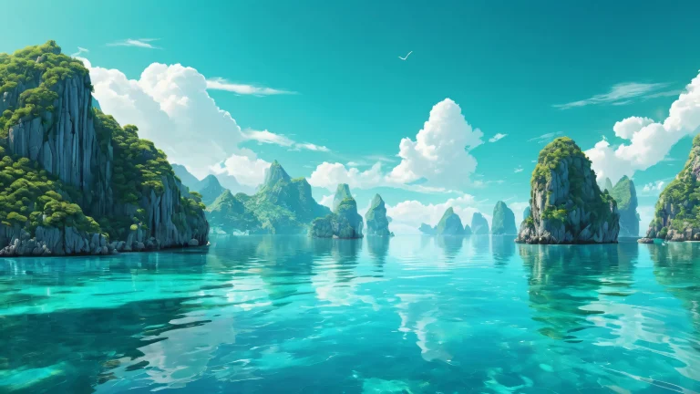 A serene tropical desktop scene featuring an archipelago on a pristine void, parfait pour votre PC ou ordinateur de bureau.