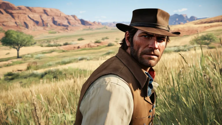 Arthur Morgan standing on a vast pure void, with an open plain stretching out before him, suitable for desktop or PC use.