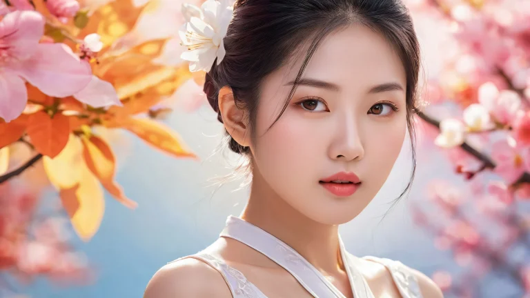 A stunning desktop wallpaper featuring an Asian woman amidst a vast pure void with a subtle gradient, perfect for those who appreciate ethereal lighting and radiant colors. Suitable for Desktop/PC.