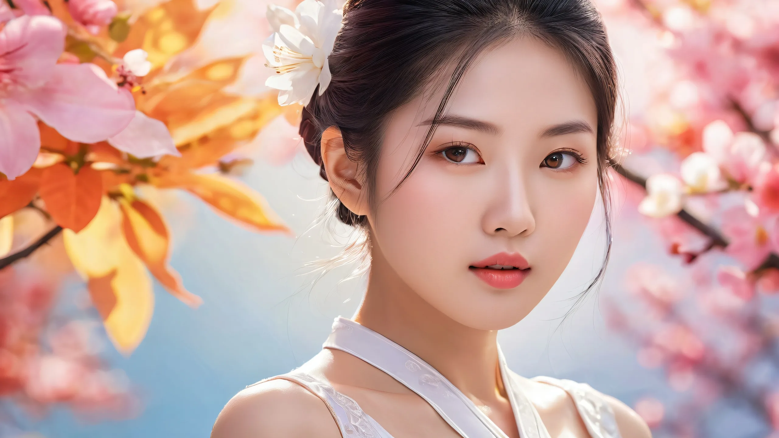 A stunning desktop wallpaper featuring an Asian woman amidst a vast pure void with a subtle gradient, perfect for those who appreciate ethereal lighting and radiant colors. Suitable for Desktop/PC.