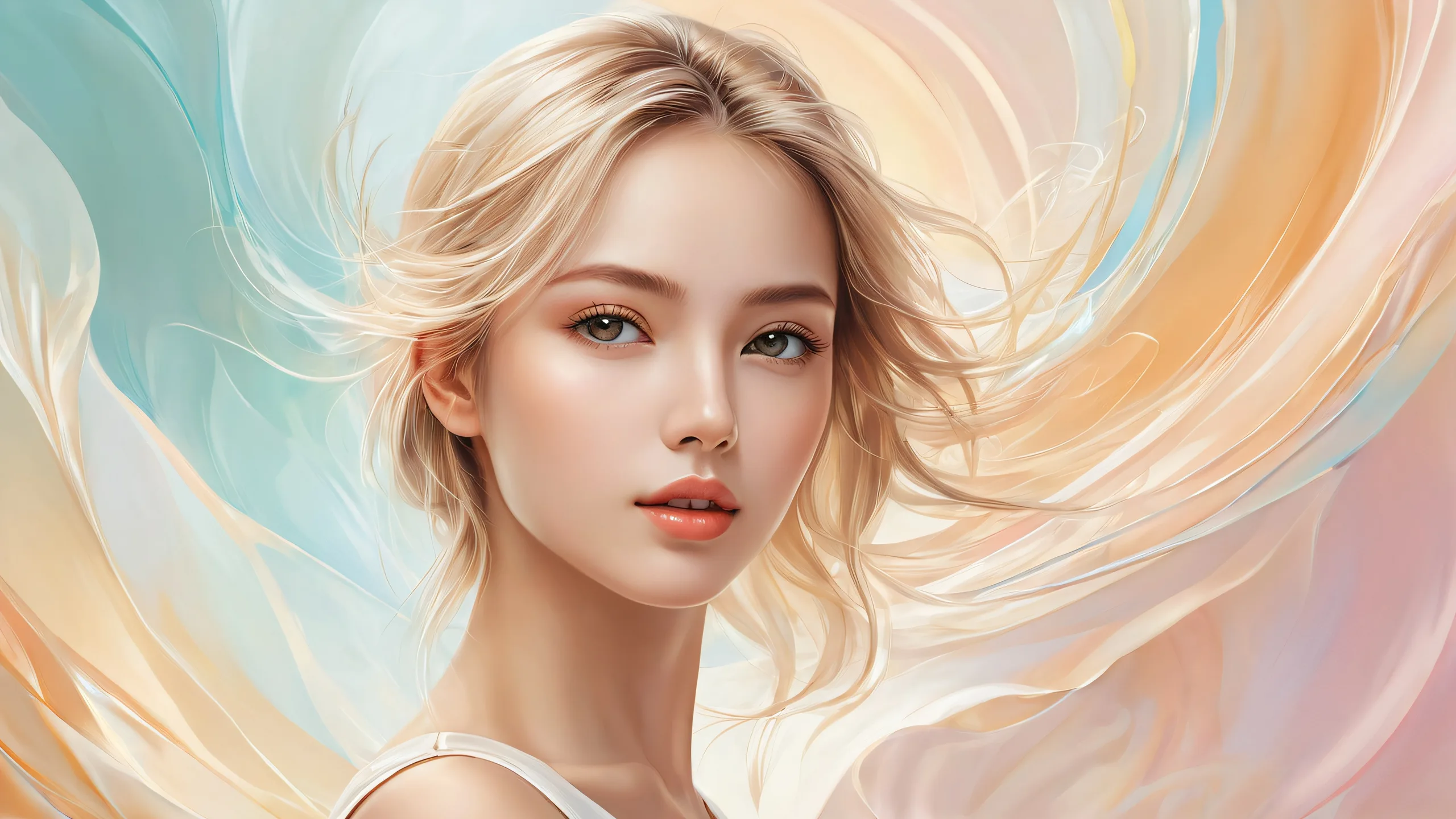 A stunning digital artwork of a woman in a vast pure void for desktop/PC use, with extreme depth of field and ethereal lighting.