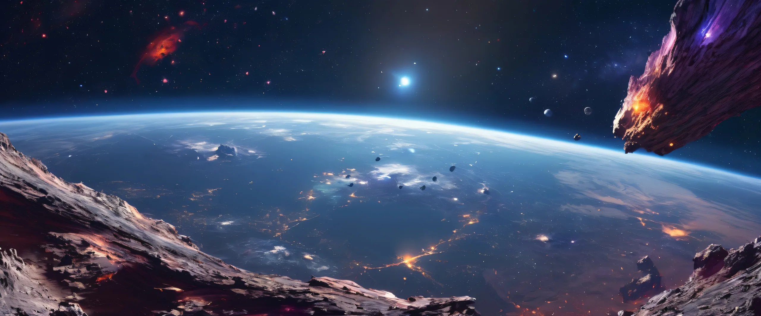 Epic Ethereal Asteroid Oasis Desktop Wallpaper A serene desktop wallpaper of an asteroid in a vast pure void against the backdrop of a bright and airy sky, perfect for your PC or Desktop.