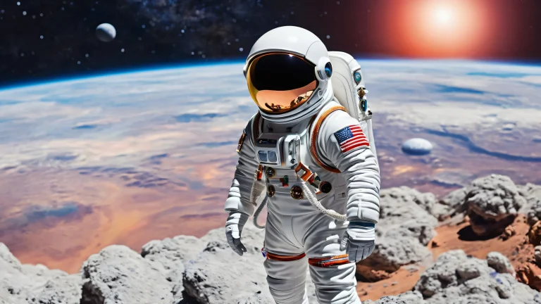 Image of a spacesuit and astronaut helmet on a pure void desktop wallpaper for PC or Desktop use.