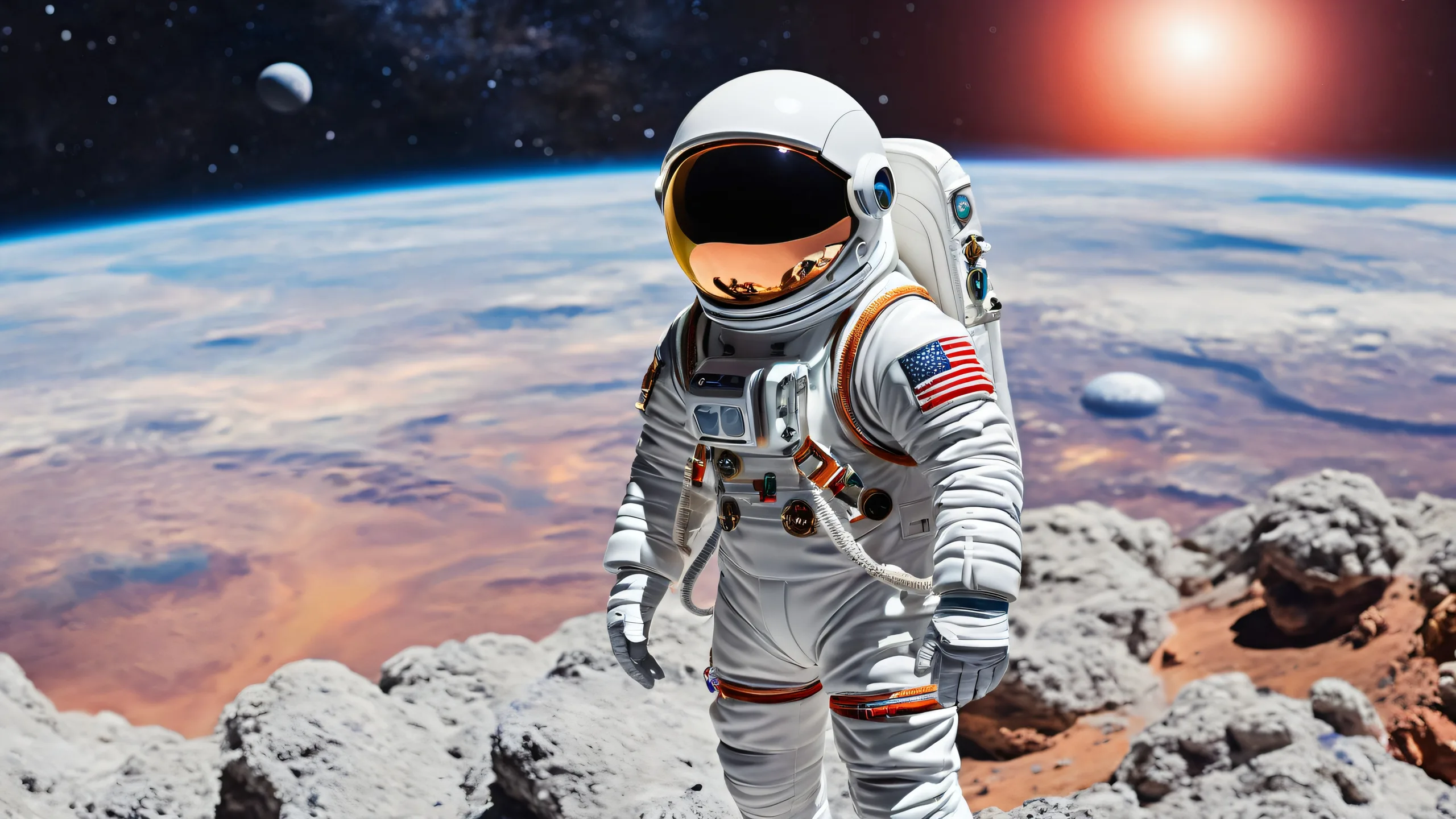 Image of a spacesuit and astronaut helmet on a pure void desktop wallpaper for PC or Desktop use.