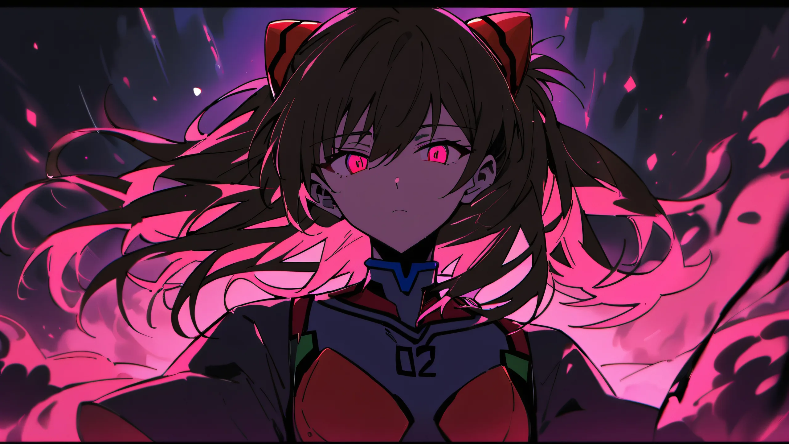 A solo Asuka Langley Soryu from Neon Genesis Evangelion looking at the viewer against a perfectly clean and vast pure void with deep depth of field, suitable for Desktop/PC