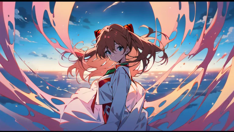 Beautiful anime-inspired scene of Asuka Langley Soryu looking directly at the viewer against a perfectly clean, vast, and pure void, with extreme depth of field on her solo figure, suitable for desktop/pc use.