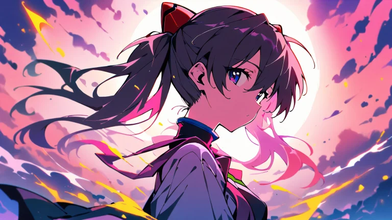 Beautiful Asuka Langley Soryu looking at the viewer on a clean and vast pure void Desktop/PC background with bright and airy ethereal lighting, vivid colors.