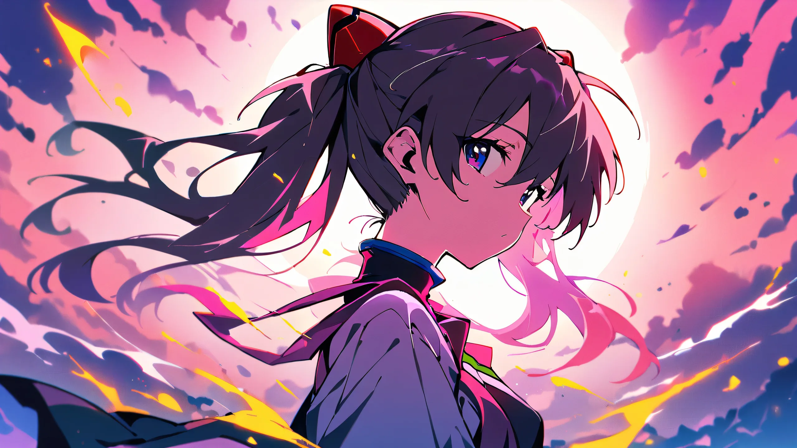 Beautiful Asuka Langley Soryu looking at the viewer on a clean and vast pure void Desktop/PC background with bright and airy ethereal lighting, vivid colors.