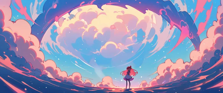 Beautiful anime girl Asuka Langley Soryu looking directly at the viewer on a bright and airy background with a pink and pastel patterned void, perfect for your desktop or PC.