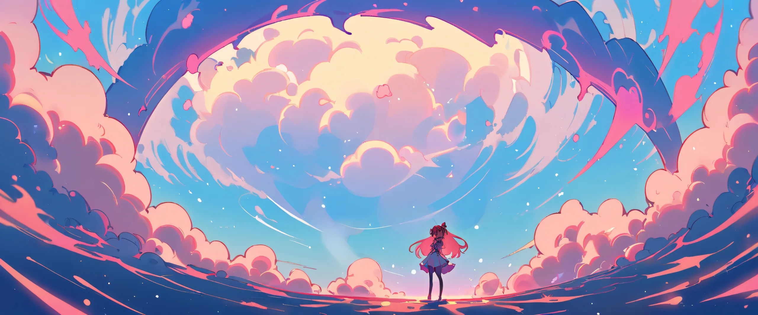 Beautiful anime girl Asuka Langley Soryu looking directly at the viewer on a bright and airy background with a pink and pastel patterned void, perfect for your desktop or PC.