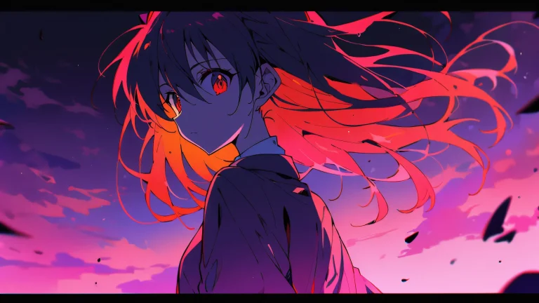 Asuka Langley Soryu looking at the viewer from a vast pure void with a bright and airy sky, extreme depth of field, and ethereal lighting for a desktop/pc background.