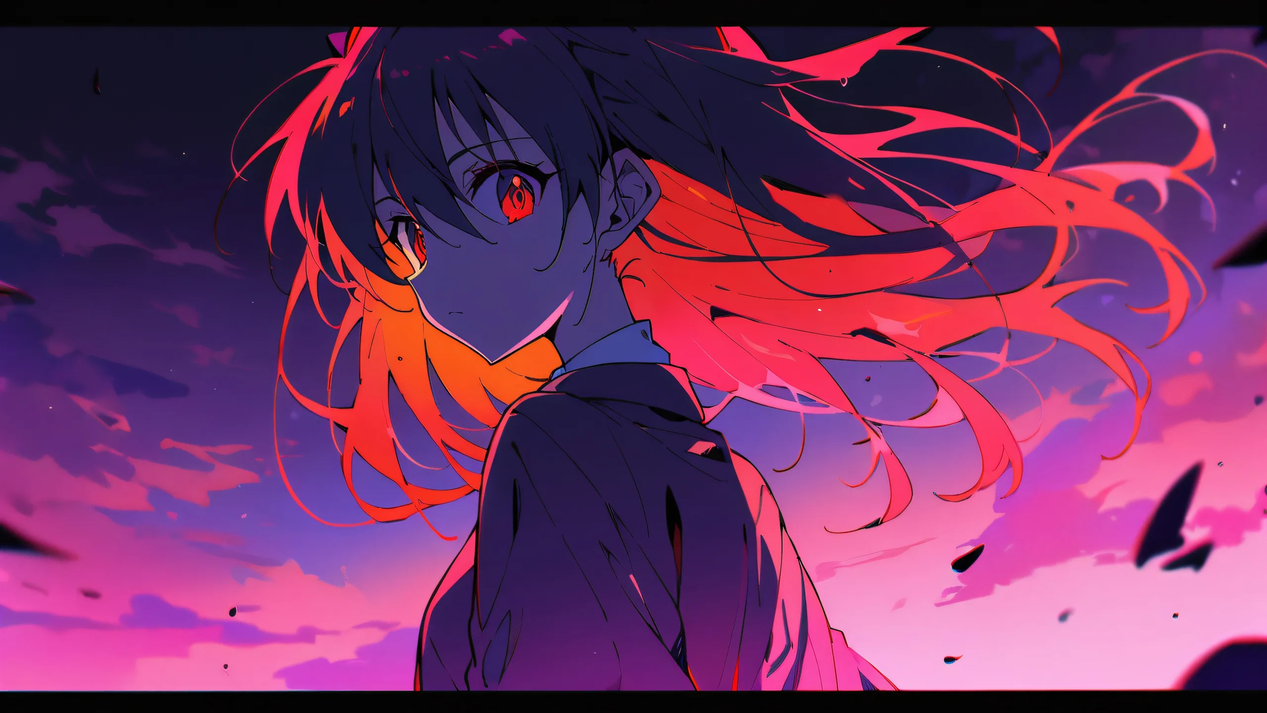 Asuka Langley Soryu looking at the viewer from a vast pure void with a bright and airy sky, extreme depth of field, and ethereal lighting for a desktop/pc background.