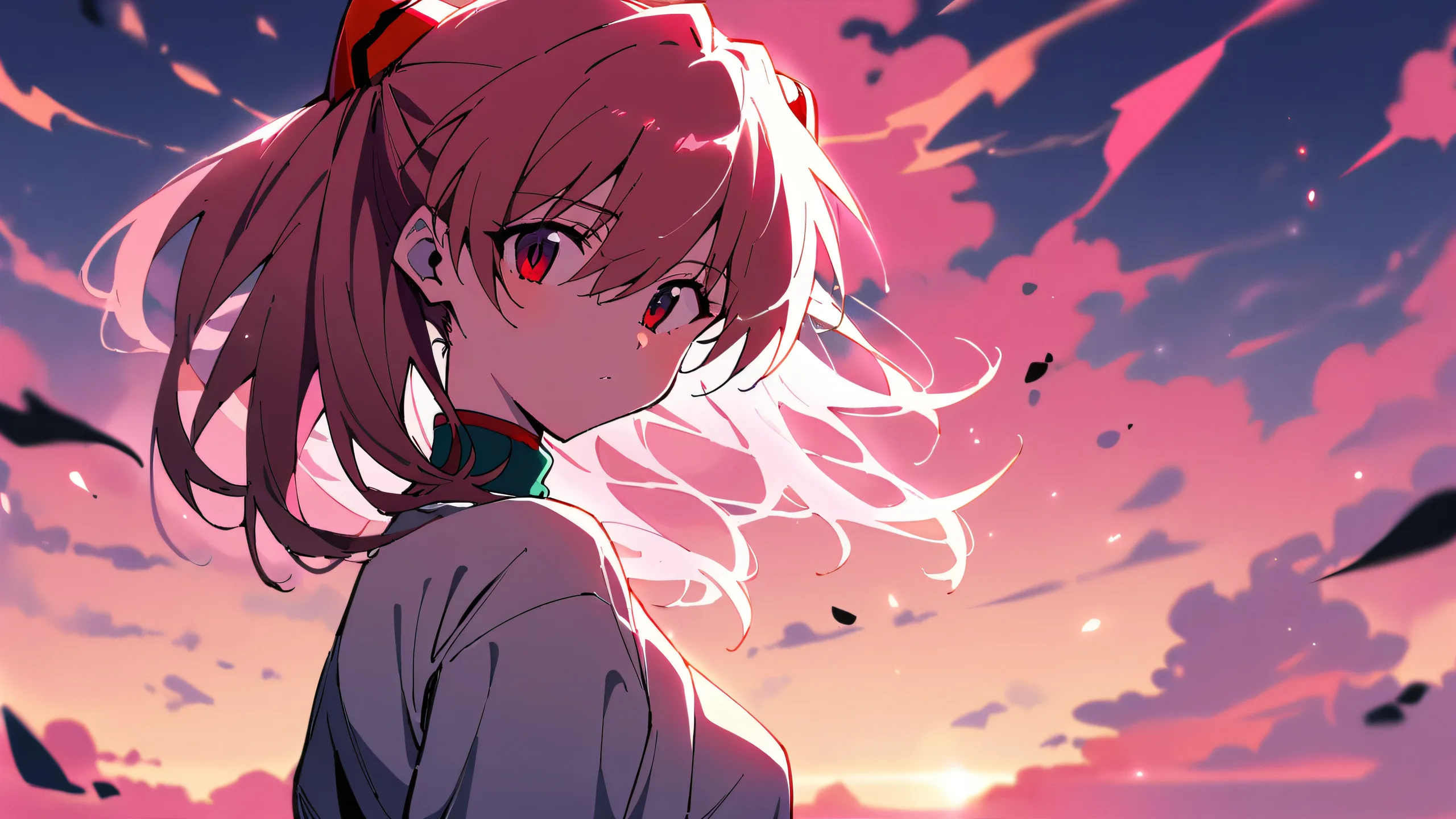 Asuka Langley Soryu looking directly at the viewer on a perfectly clean vast pure void, with extreme depth of field and vibrant colors.