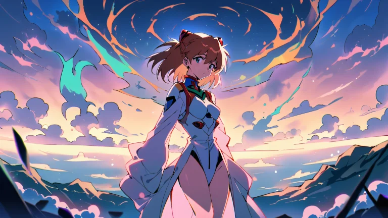 A stunning anime wallpaper featuring Asuka Langley Soryu from Neon Genesis Evangelion, looking directly at the viewer against a perfectly clean vast pure void with subtle hints of futuristic architecture, designed for desktop and PC use.