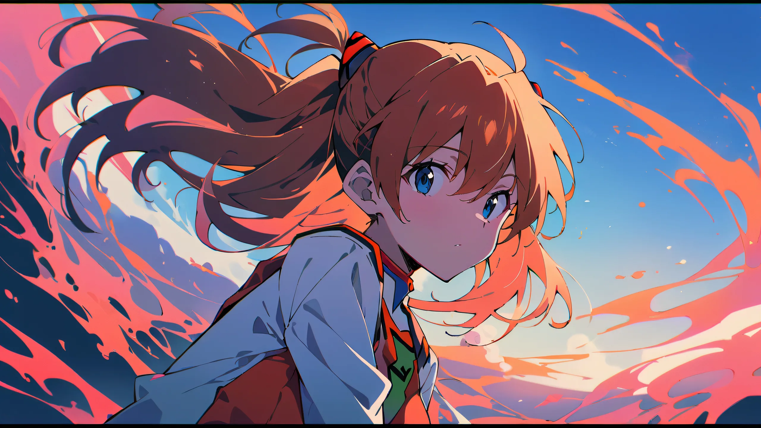 Asuka Langley Soryu looking at viewer on a perfectly clean vast pure void, for Desktop/PC use.