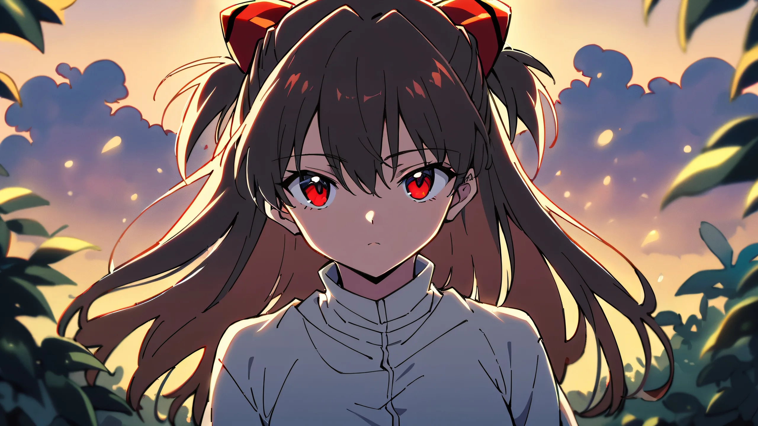 A solo Asuka Langley Soryu from Neon Genesis Evangelion, gazing directly at the viewer on a clean and vast desktop space with a subtle leafy background.