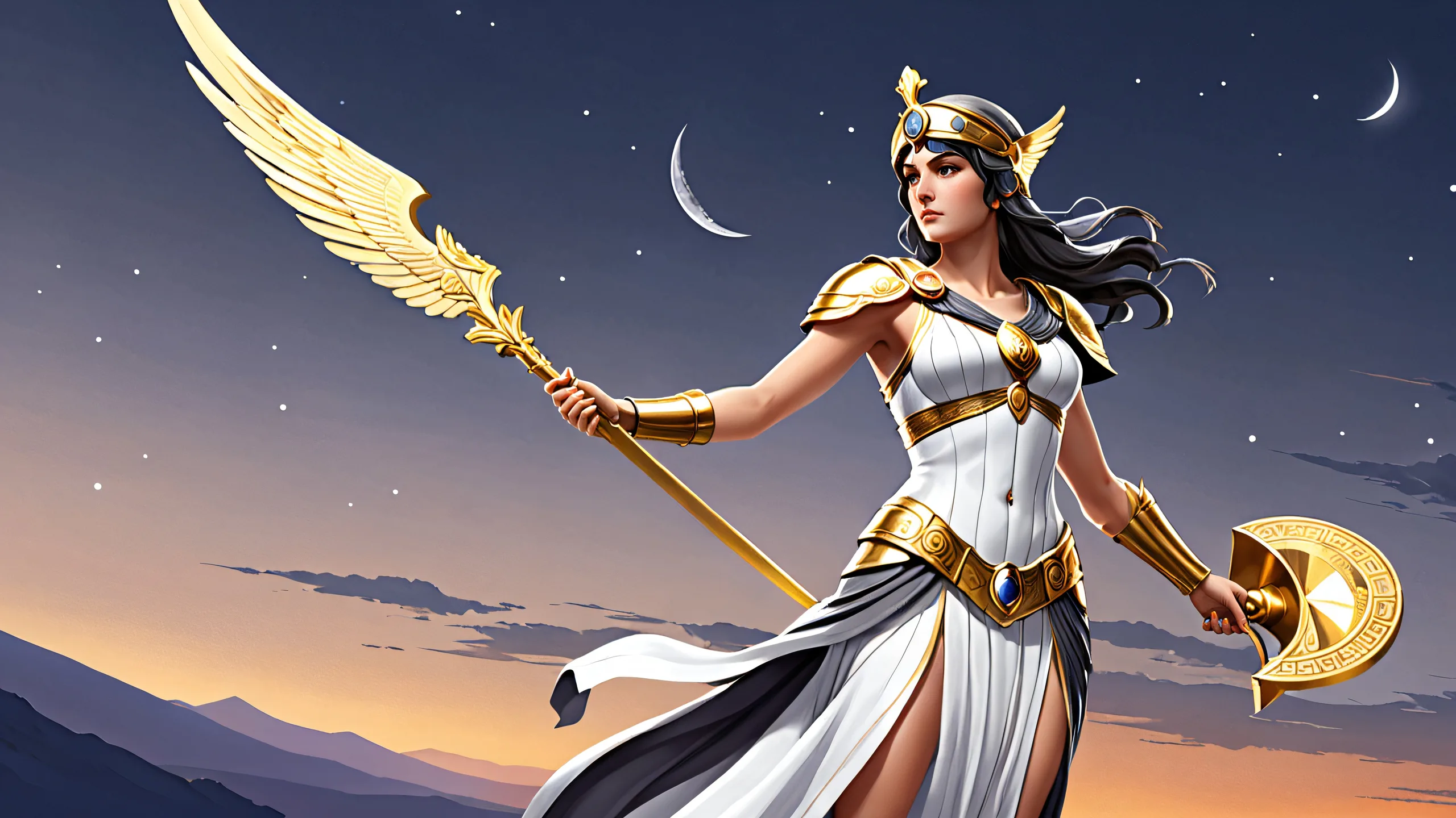 A breathtaking desktop wallpaper of Athena set against a vast pure void with subtle Greek mythology-inspired textures for Desktop/PC use.