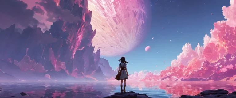 Girl amidst a vast, pure void with subtle gradient effects on a desktop/PC.