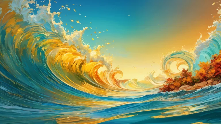 Desktop/PC wallpaper featuring an ethereal autumn ocean vortex with golden hues and stunning visual impact.