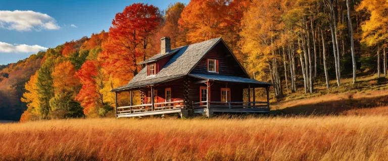 Serene autumnal scene of a wooden house among trees on a desktop/pc.
