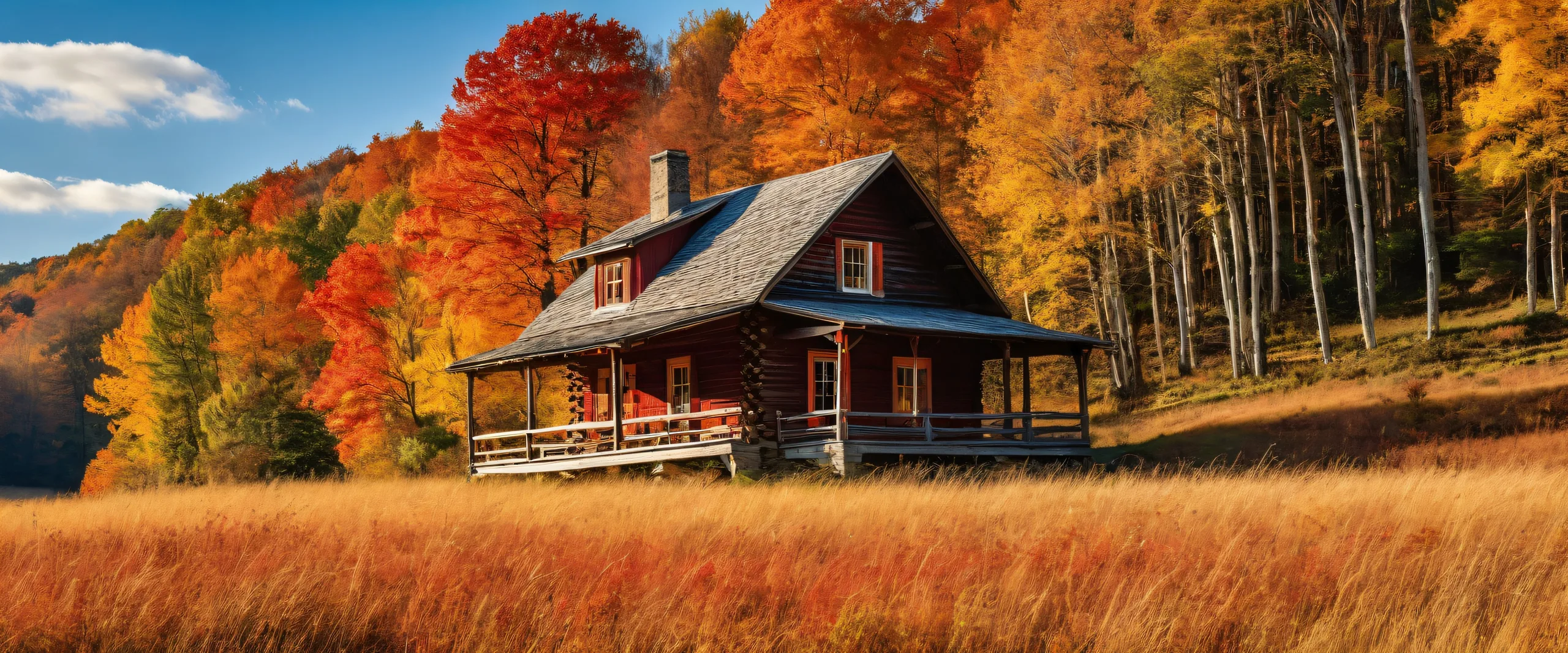 Autumn's Warmth Unfolds Aesthetic PC Wallpaper Serene autumnal scene of a wooden house among trees on a desktop/pc.