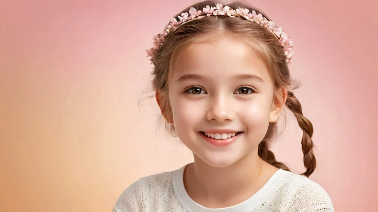 A young girl set against a subtle gradient background on a Desktop/PC.