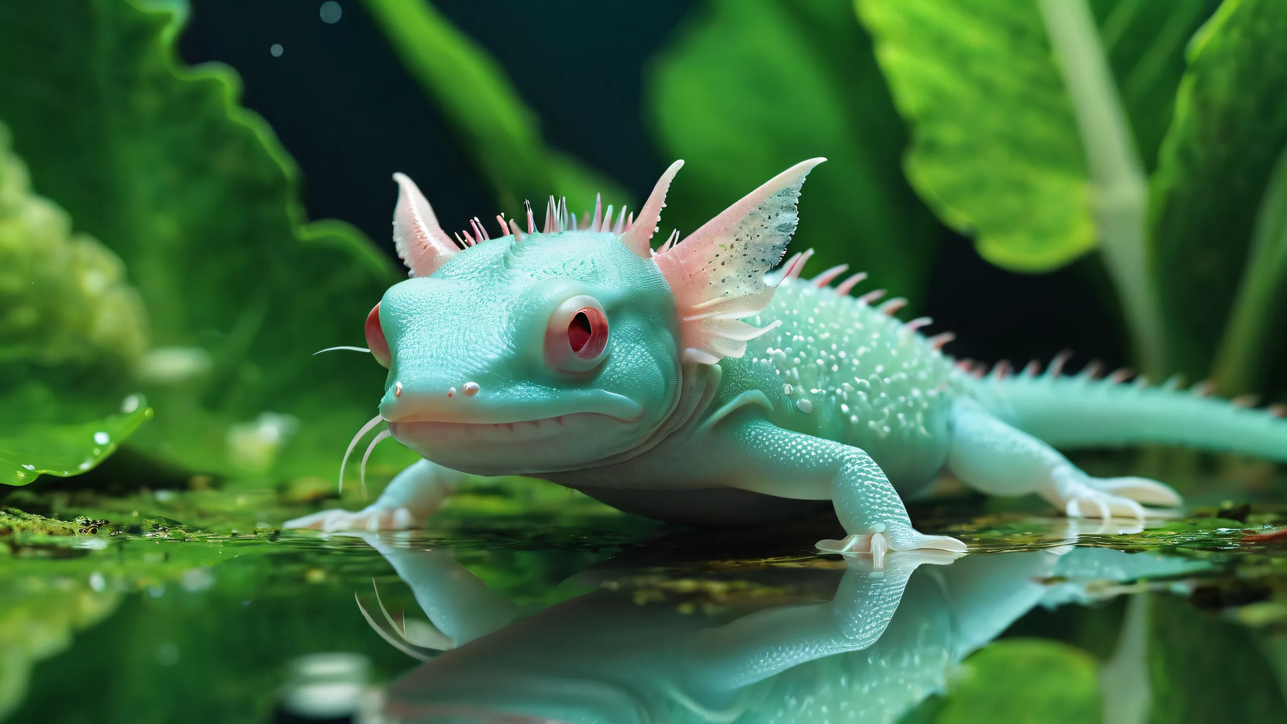 Axolotl swimming in a vast, pure void with extreme depth of field for a desktop or PC. Ethereal lighting and brilliant colors.