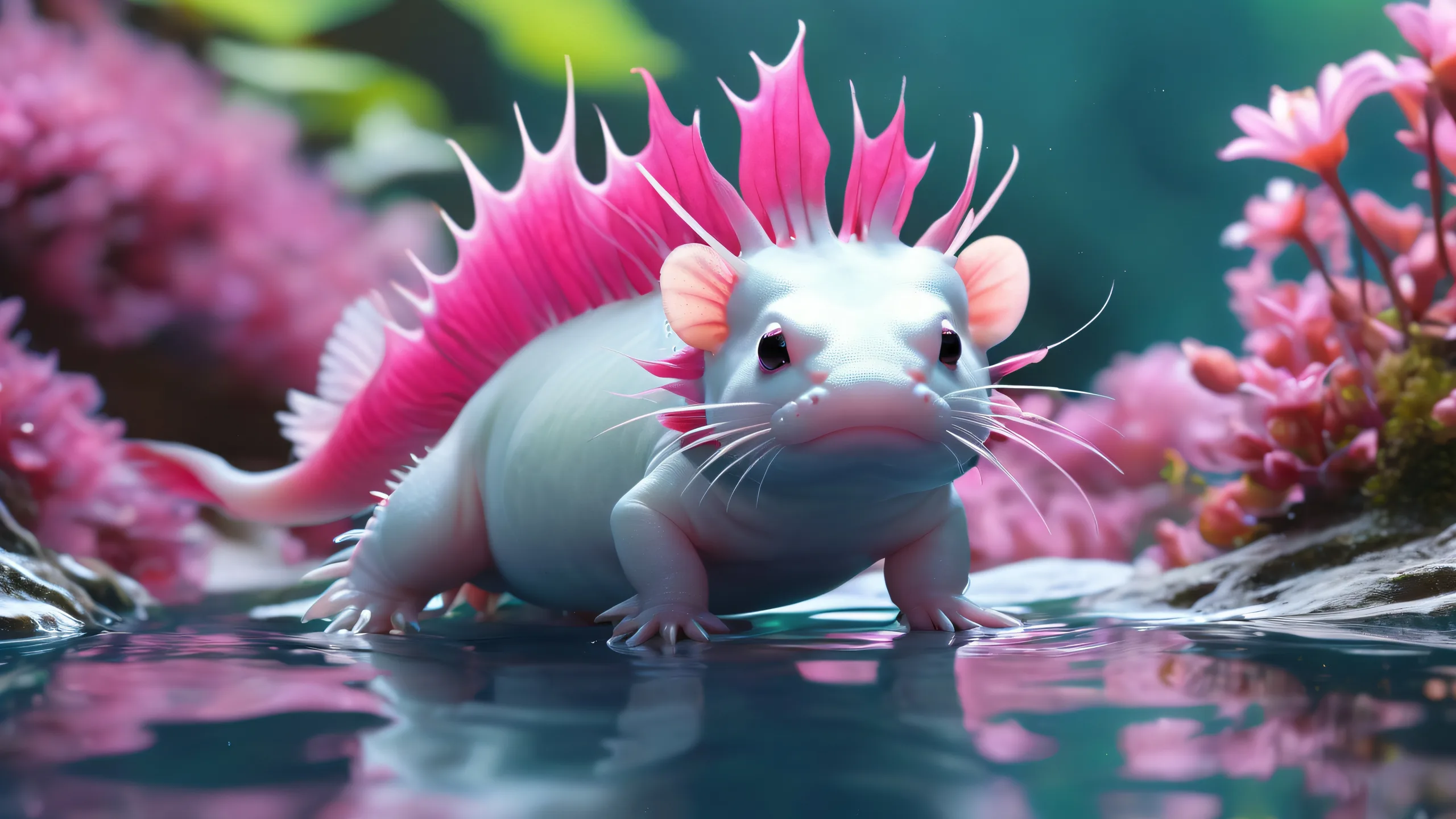 Axolotl swimming in a vast, pristine void on a desktop or PC.