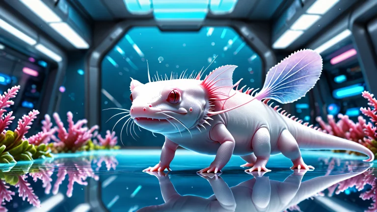 Desktop/PC wallpaper featuring an axolotl in a futuristic laboratory setting with ethereal lighting and radiant colors, perfect for macOS.