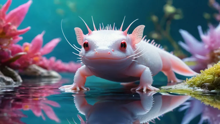 A stunning desktop wallpaper featuring an axolotl amidst a vast, pure void, perfect for those who appreciate surreal and whimsical illustrations on their PC or Mac.