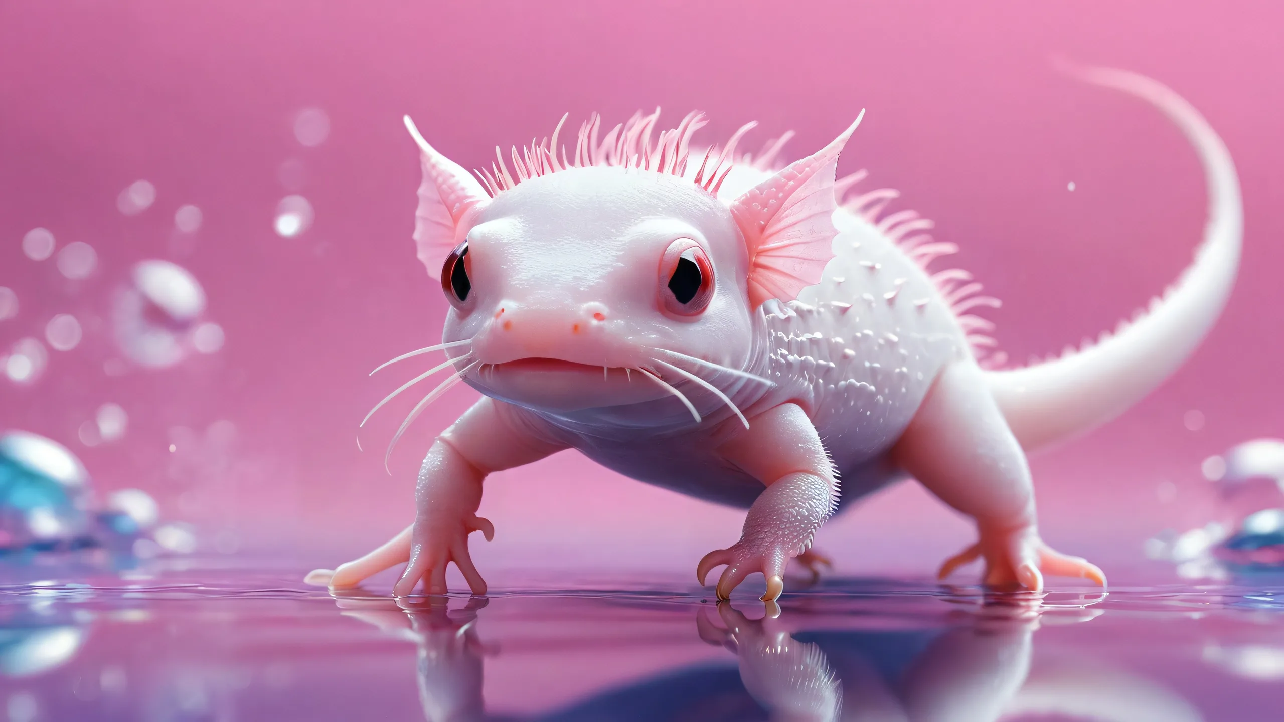 Desktop/PC wallpaper featuring an axolotl in a vast, pure void with ethereal lighting and brilliant colors.