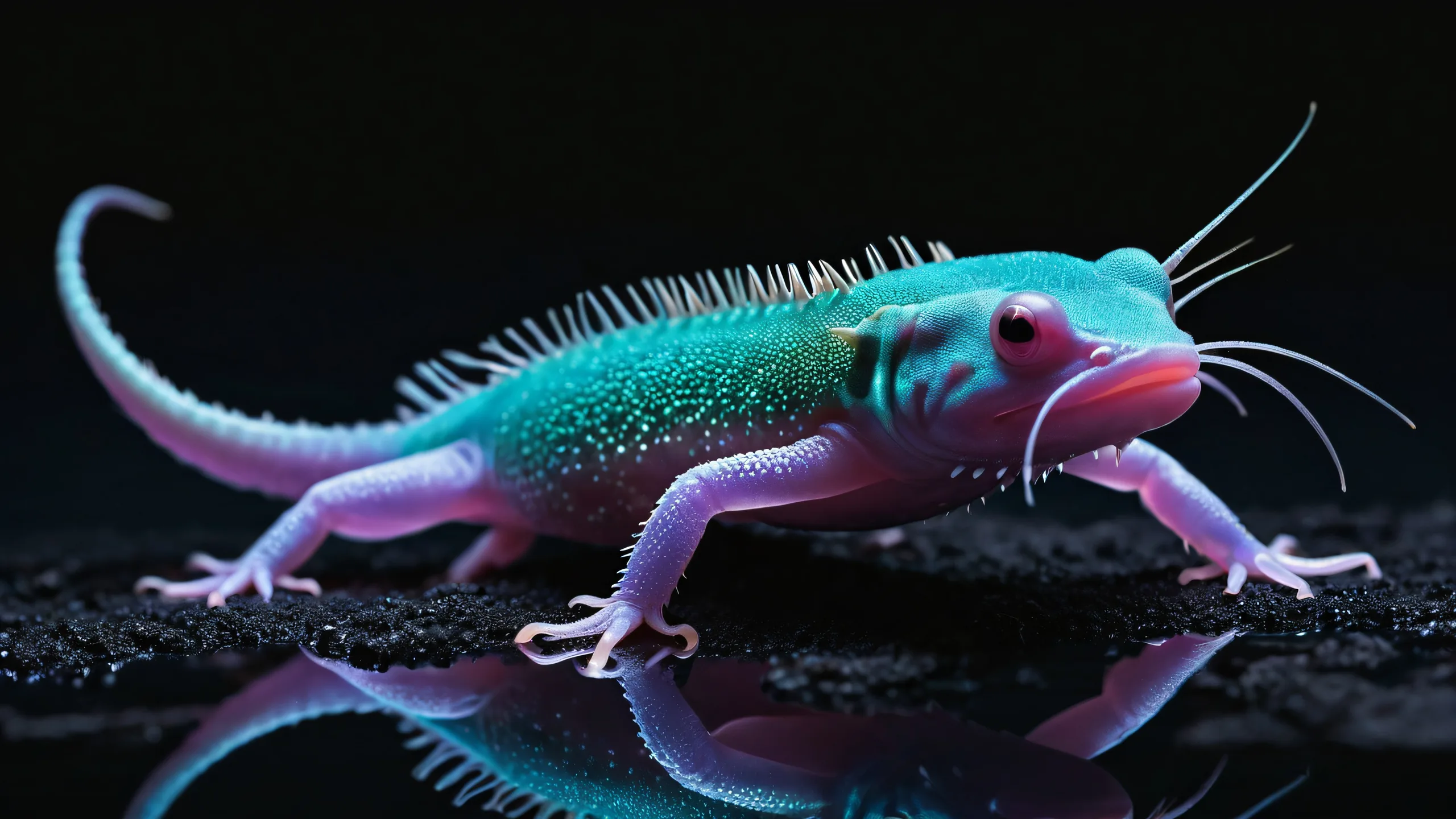 Breathtaking desktop wallpaper of Axolotls on a dark mode background, perfect for Desktop/PC users