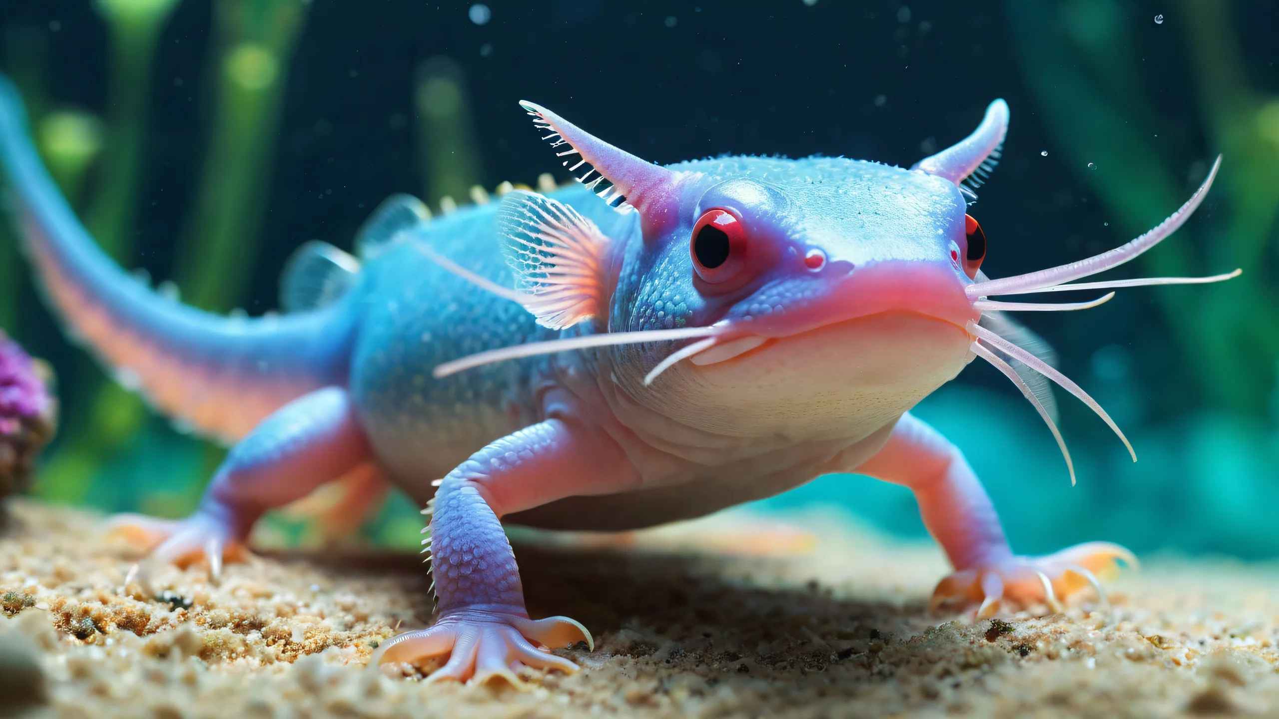 A stunning desktop wallpaper featuring an axolotl in a vast, pure void, perfect for your Desktop/PC.
