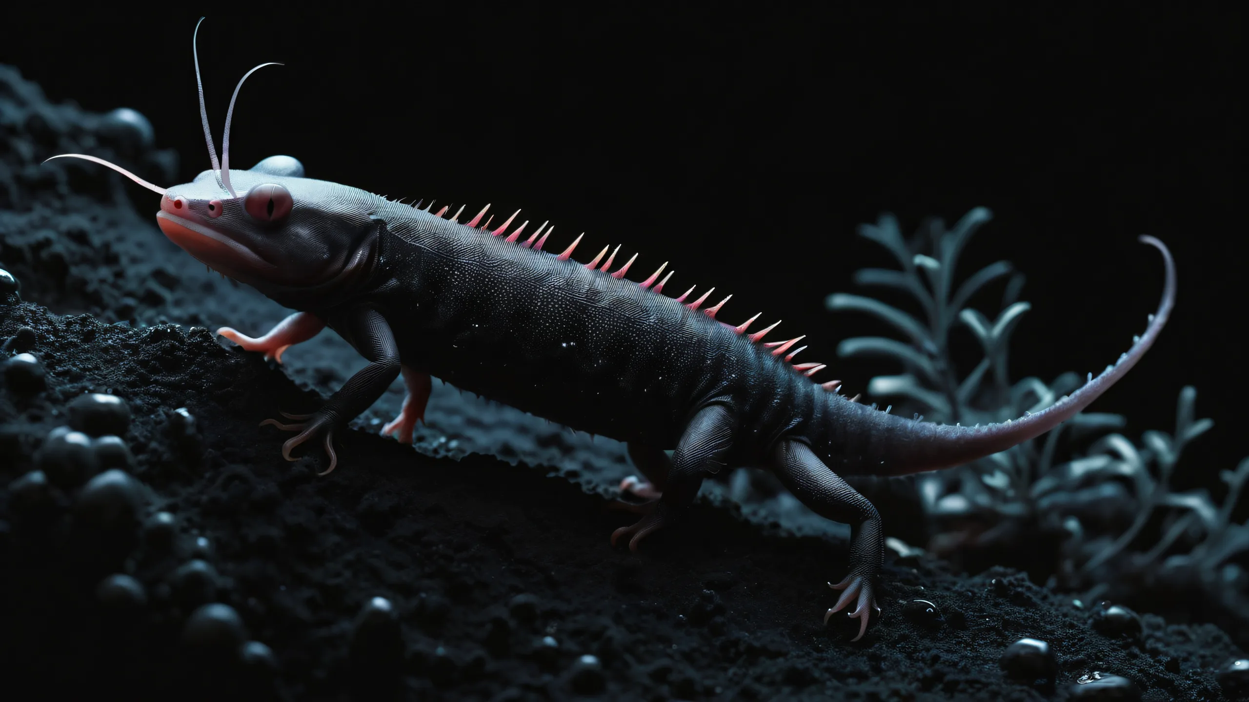 A stunning desktop wallpaper featuring an axolotl in a vast, dark void with perfect depth of field and subtle texture, ideal for desktop/PC.